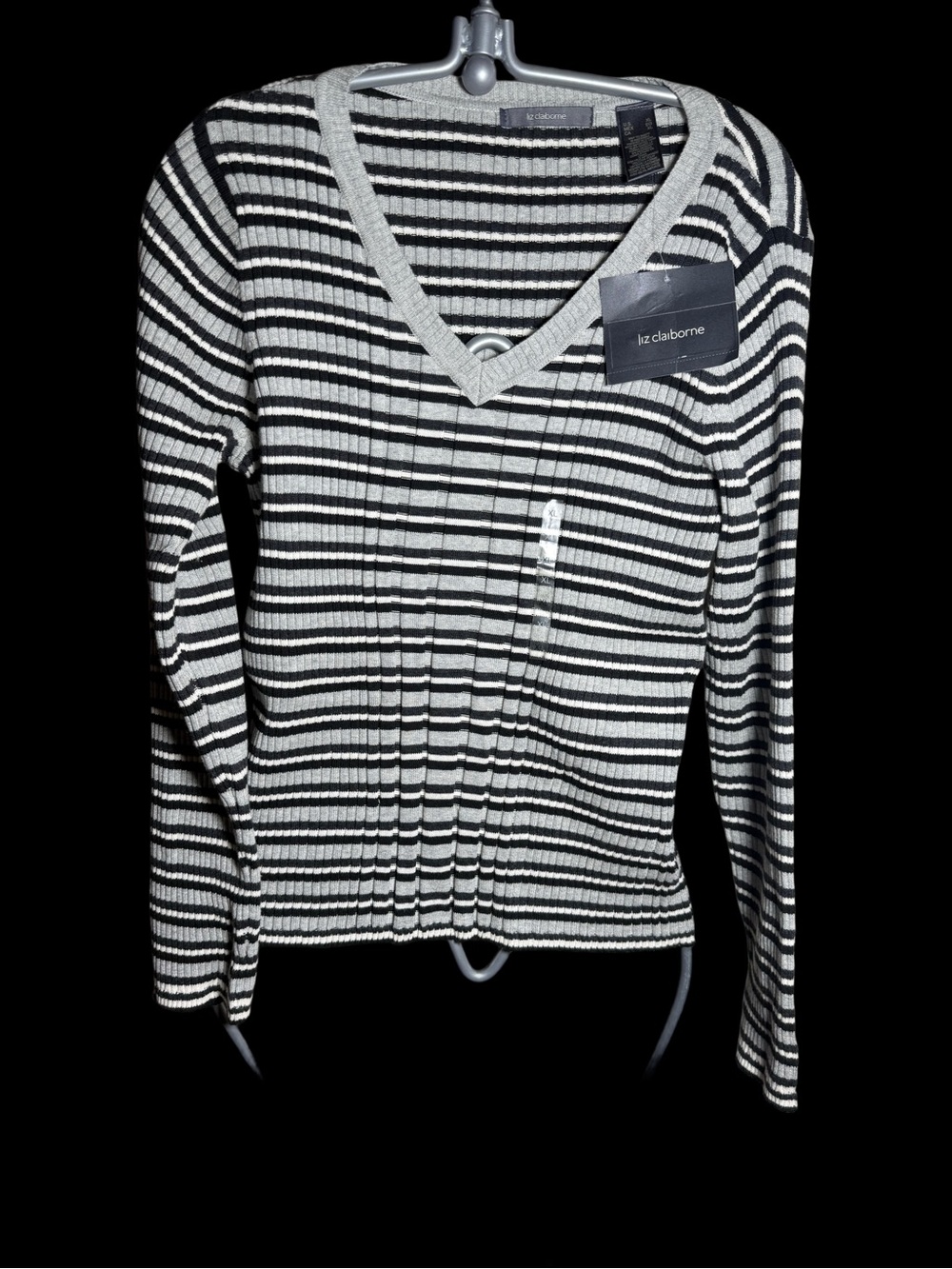 Liz Claiborne Black and White Striped V-Neck Ribbed Long Sleeve Top